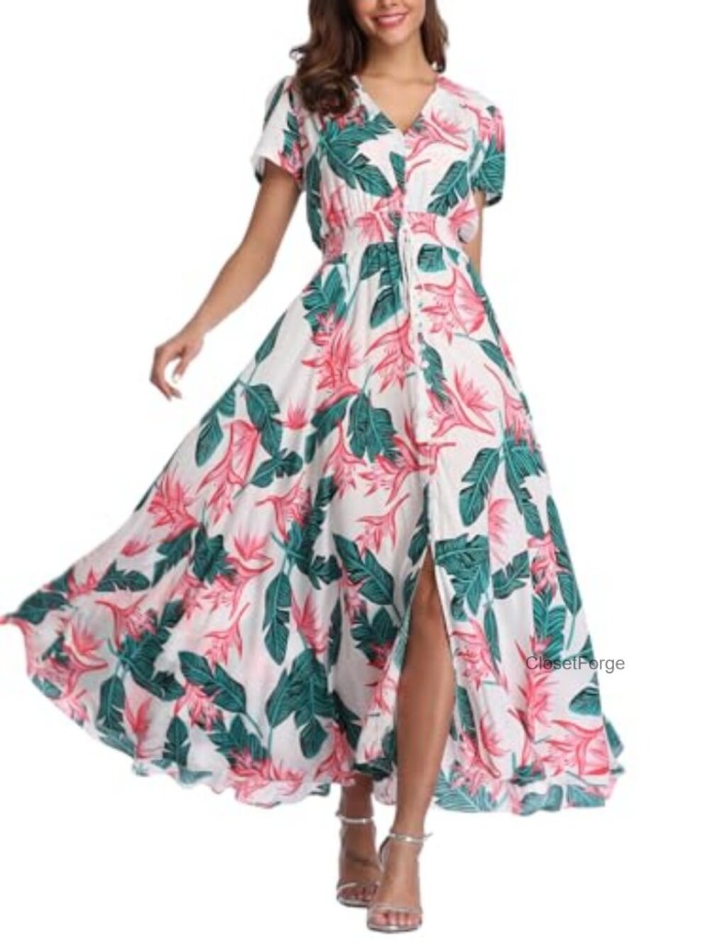 Boho Floral Maxi Dress 100% Rayon V-Neck Short Sleeve Beach Casual
